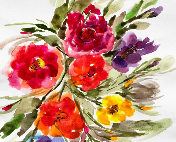 Flower arrangement watercolor. Watercolor flower painting. Hand drawn illustration. Design for fabric, wallpaper, bedding, greeting card design.