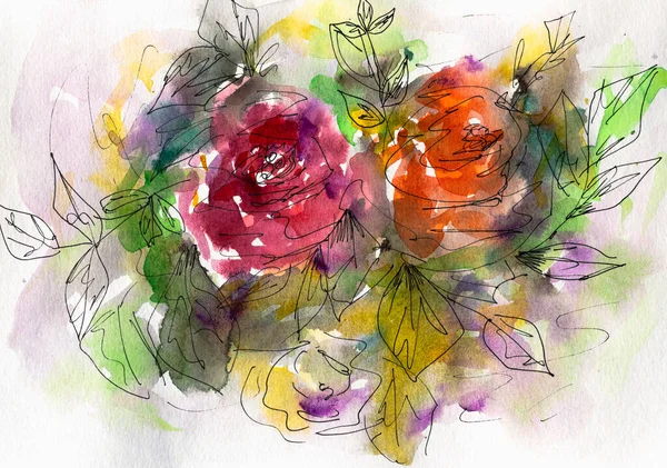 Dessin Fleurs Aquarelles Sur Fond Blanc — Photo