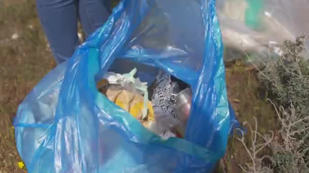 Volontari che raccolgono spazzatura sulla spiaggia 4k pulire polution plastica verde — Video Stock