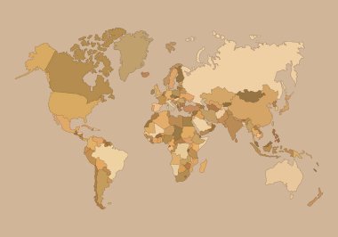 Renkli el çizimi dünya haritası. Farklı renkler. Basit düz vektör çizimi