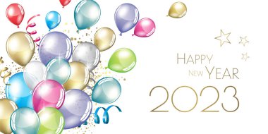 Mutlu yıllar 2023 balonları tebrik kartı.