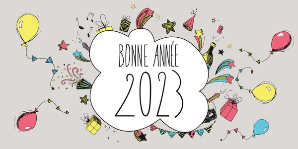 Franceză 2023 Fericit Anul Nou Sărbătoare Doodles Ilustrare — Fotografie, imagine de stoc