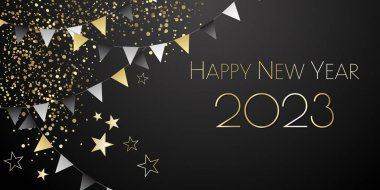 Mutlu yıllar 2023 bayram flamaları tebrik kartı.