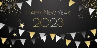 Mutlu yıllar 2023 bayram flamaları tebrik kartı.