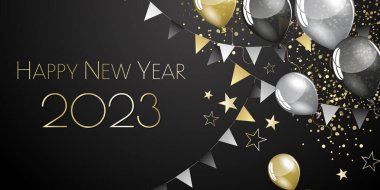 Mutlu yıllar 2023 bayram flamaları tebrik kartı.