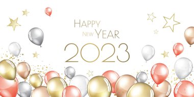 Mutlu yıllar 2023 bayram flamaları tebrik kartı.