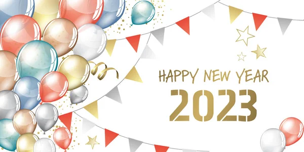 Feliz Año Nuevo 2023 Globos Banderines Tarjeta Felicitación —  Fotos de Stock