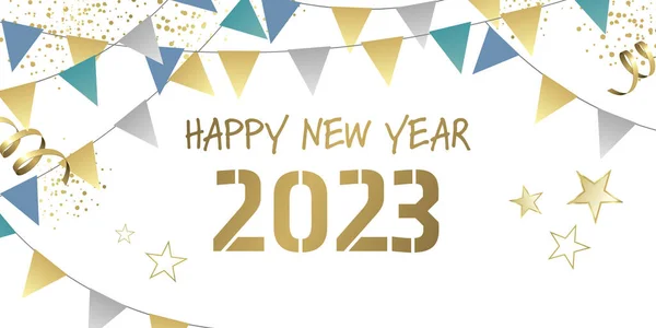 Feliz Año Nuevo 2023 Globos Banderines Tarjeta Felicitación — Foto de Stock