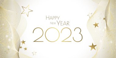 Mutlu yıllar 2023 Kutlama beyaz ve altın tebrik kartı