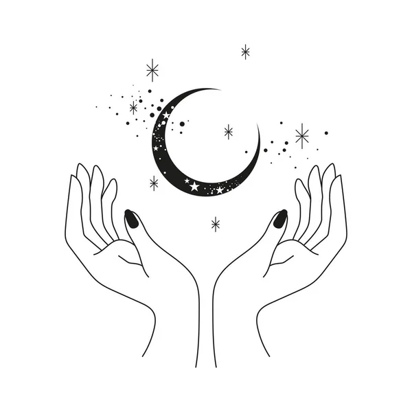 Hands Stars Moon Line Art Illustration — Stock fotografie