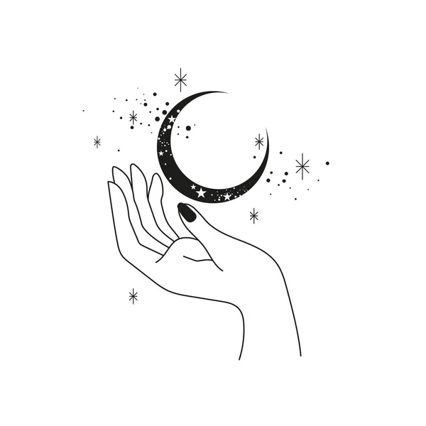 Hand stars and moon line art illustration