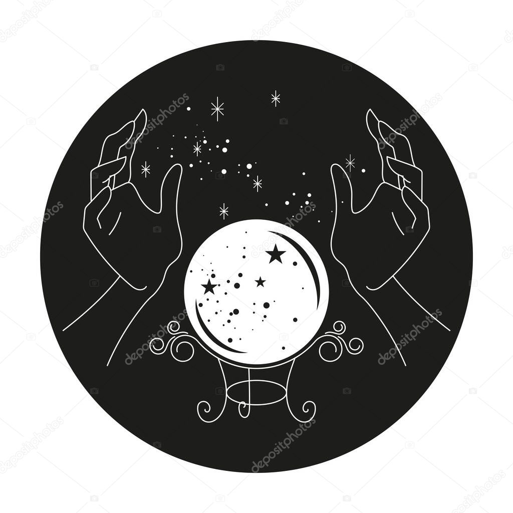 Crystal ball and hands line art illustration