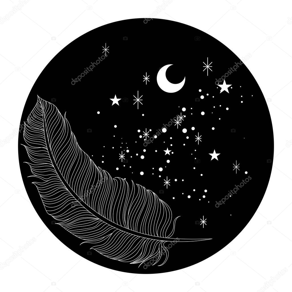 Feather and stars line art illustration