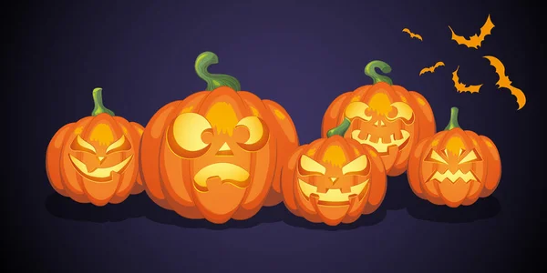 Halloween Kürbisse Und Fledermäuse Illustration Auf Einem Lila Hintergrund Happy — Stockfoto