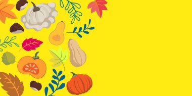 Sonbahar sebzeleri ve yapraklar karalama arkaplanı - düz tasarım afiş canlı renkler - çiçek mevsimleri tasarım teması