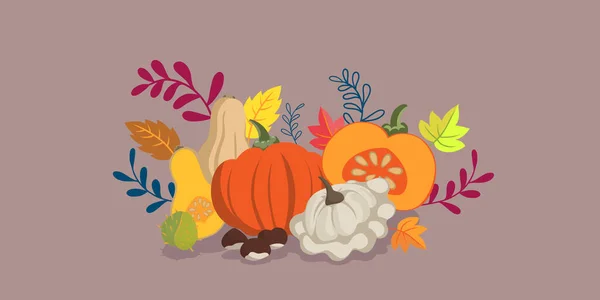 Осенние Овощи Листья Каракули Фон Плоский Дизайн Баннер Яркие Цвета — стоковое фото