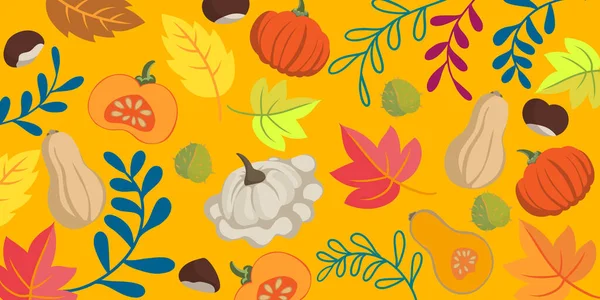 Autumn vegetables and leaves doodle background - flat design banner vibrant colors - floral seasons design theme