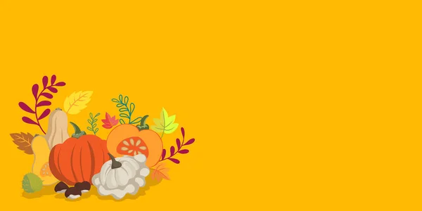 Autumn vegetables and leaves doodle background - flat design banner vibrant colors - floral seasons design theme