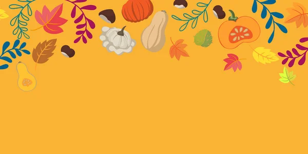 Autumn vegetables and leaves doodle background - flat design banner vibrant colors - floral seasons design theme