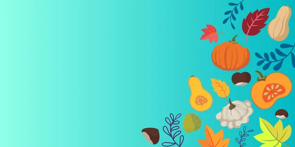 Autumn vegetables and leaves doodle background - flat design banner vibrant colors - floral seasons design theme