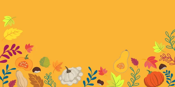 Autumn vegetables and leaves doodle background - flat design banner vibrant colors - floral seasons design theme