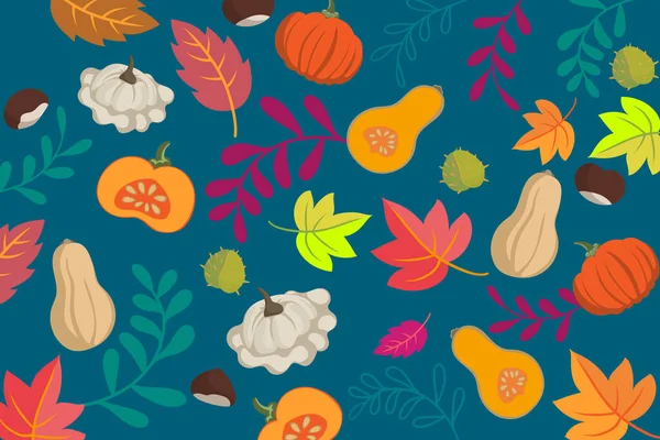 Autumn vegetables and leaves doodle background - flat design banner vibrant colors - floral seasons design theme