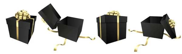 Set Med Svart Presentförpackning Med Guldbåge Jul Och Födelsedagspresent Design — Stockfoto