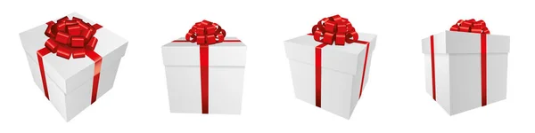 Σετ Από Λευκά Κουτιά Δώρου Κόκκινο Φιόγκο Χριστουγεννιάτικα Δώρα Και — Φωτογραφία Αρχείου