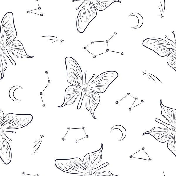 butterflies and constellations space magic seamless pattern on white background