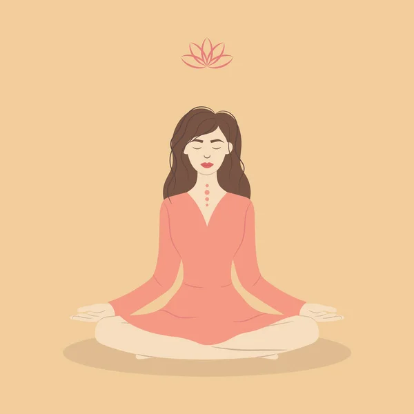 Kız Meditasyonu Düz Çizgi Film Tarzı Illüstrasyon Meditasyon Rahatlama Yoga — Stok Vektör