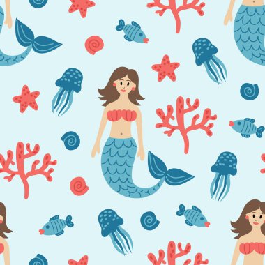 Sevimli denizkızı desensiz vektör, sualtı dünyası, çizgi film tarzı