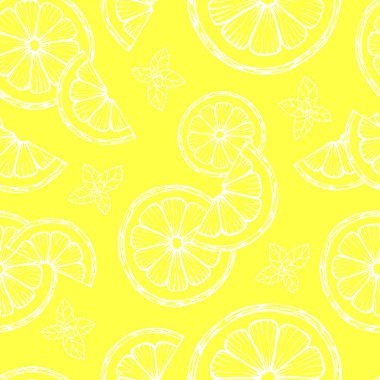 Limon dilimleri ve nane yapraklarından elde çizilmiş pürüzsüz sarı desen.