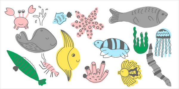 Vectorset Van Verschillende Zeedieren Vis Zeesterren Kwallen Zeewier Koraal Krab — Stockvector