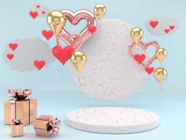 Sevgililer Günü 'nün içinde kaideyle, kalplerle. Ayağa kalk, podyum, mallar için kaide. Tebrik kartına bayılırım. 3d oluşturma.