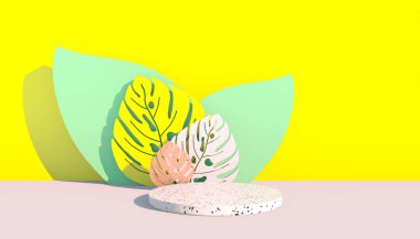 Mockup, podyum, canavar yapraklı ekran, tropikal bitki arka planı, 3D