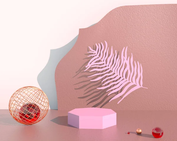 Pastel arka planda yapraklarla dekore edilmiş ürün sergisi, 3D