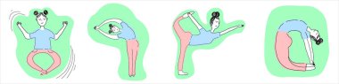 Yoga yapan sevimli bir kızla vektör el çizimi. Vektör illüstrasyonu.