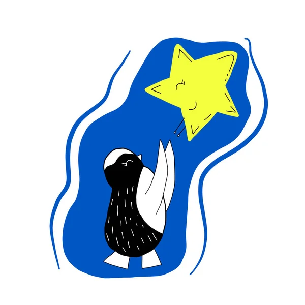 Иллюстрация Векторная Графическая Карикатура Милого Пингвина Звездой Детский Мультфильм Дизайн — стоковый вектор