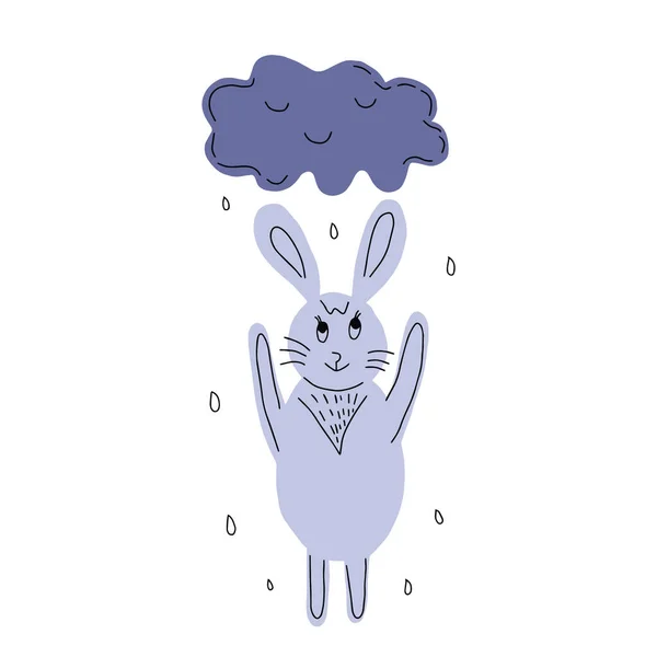 Милое Дождевое Облако Кролик Вектор Стиля Дудла — стоковый вектор