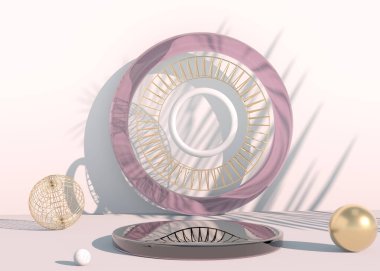 Geometrik şekilli en küçük sahne, gölgeli krema arkaplanlı podyumlar. Kozmetik ürünü gösterilecek sahne, 3d