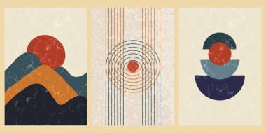 Geometrik şekilli ve desenli soyut çağdaş orta yüzyıl posterleri. Duvar kağıdı, arkaplan, duvar dekorasyonu, kapak, baskı, kart için tasarım. Modern boho minimalist sanat. Vektör.