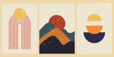 Geometrik şekilli ve desenli soyut çağdaş orta yüzyıl posterleri. Duvar kağıdı, arkaplan, duvar dekorasyonu, kapak, baskı, kart için tasarım. Modern boho minimalist sanat. Vektör.