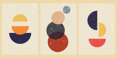 Geometrik şekilli ve desenli soyut çağdaş orta yüzyıl posterleri. Duvar kağıdı, arkaplan, duvar dekorasyonu, kapak, baskı, kart için tasarım. Modern boho minimalist sanat. Vektör.