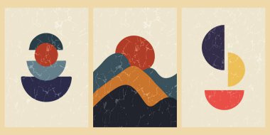 Geometrik şekilli ve desenli soyut çağdaş orta yüzyıl posterleri. Duvar kağıdı, arkaplan, duvar dekorasyonu, kapak, baskı, kart için tasarım. Modern boho minimalist sanat. Vektör.