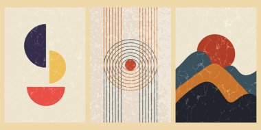Geometrik şekilli ve desenli soyut çağdaş orta yüzyıl posterleri. Duvar kağıdı, arkaplan, duvar dekorasyonu, kapak, baskı, kart için tasarım. Modern boho minimalist sanat. Vektör.