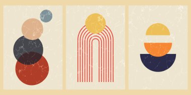 Geometrik şekilli ve desenli soyut çağdaş orta yüzyıl posterleri. Duvar kağıdı, arkaplan, duvar dekorasyonu, kapak, baskı, kart için tasarım. Modern boho minimalist sanat. Vektör.