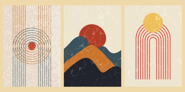 Geometrik şekilli ve desenli soyut çağdaş orta yüzyıl posterleri. Duvar kağıdı, arkaplan, duvar dekorasyonu, kapak, baskı, kart için tasarım. Modern boho minimalist sanat. Vektör.