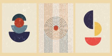 Geometrik şekilli ve desenli soyut çağdaş orta yüzyıl posterleri. Duvar kağıdı, arkaplan, duvar dekorasyonu, kapak, baskı, kart için tasarım. Modern boho minimalist sanat. Vektör.