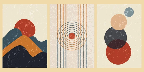 Geometrik şekilli ve desenli soyut çağdaş orta yüzyıl posterleri. Duvar kağıdı, arkaplan, duvar dekorasyonu, kapak, baskı, kart için tasarım. Modern boho minimalist sanat. Vektör.