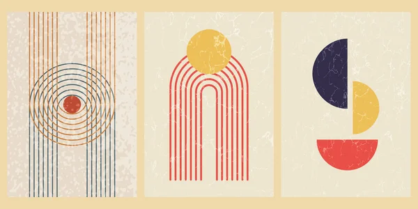 Geometrik şekilli ve desenli soyut çağdaş orta yüzyıl posterleri. Duvar kağıdı, arkaplan, duvar dekorasyonu, kapak, baskı, kart için tasarım. Modern boho minimalist sanat. Vektör.